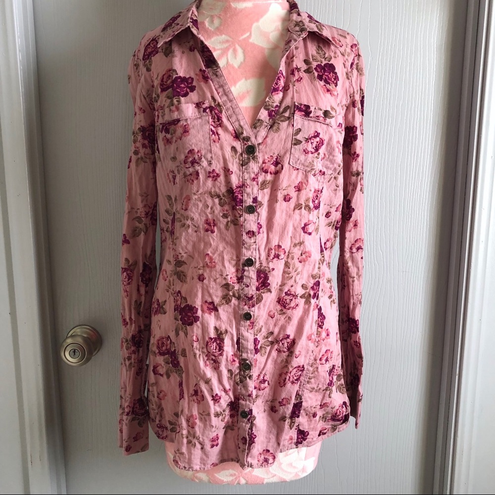 Pink Floral Button Down Shirt, Size Large